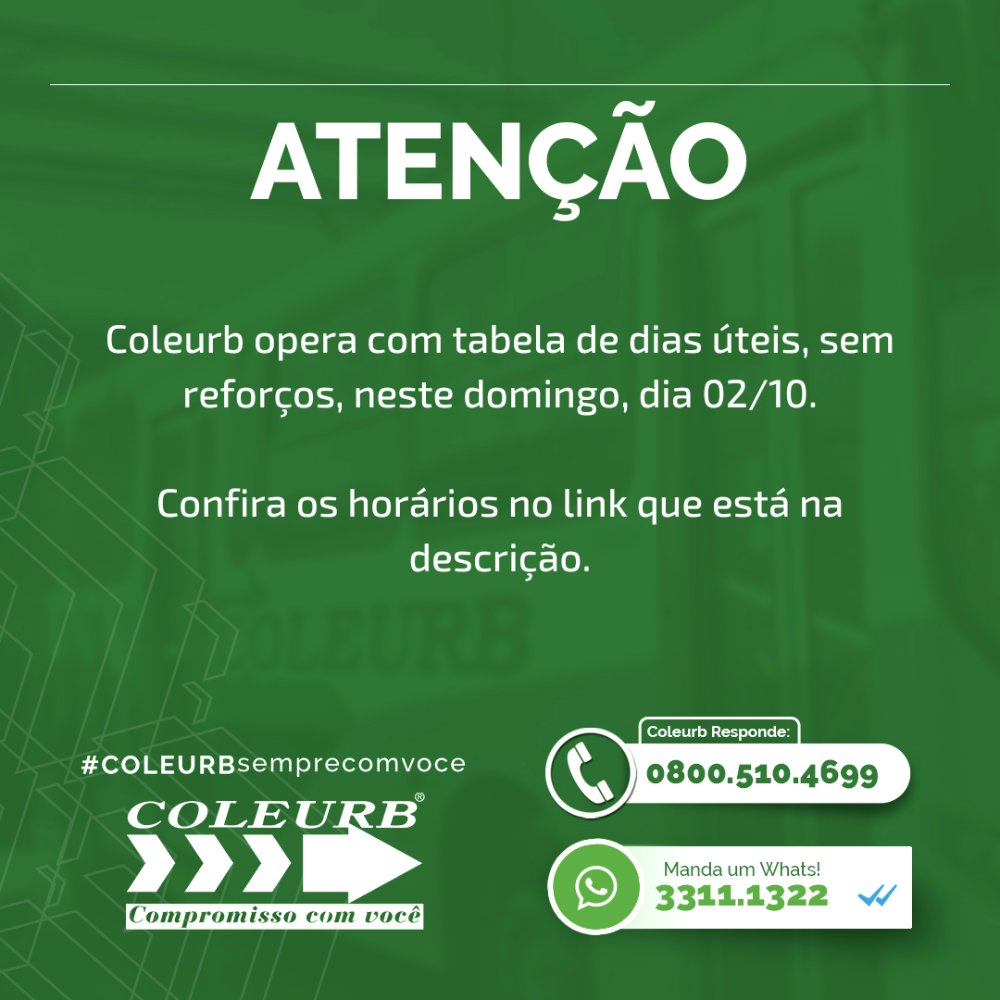 Coleurb opera com tabela de dias úteis, sem reforços, neste domingo, dia 02/10