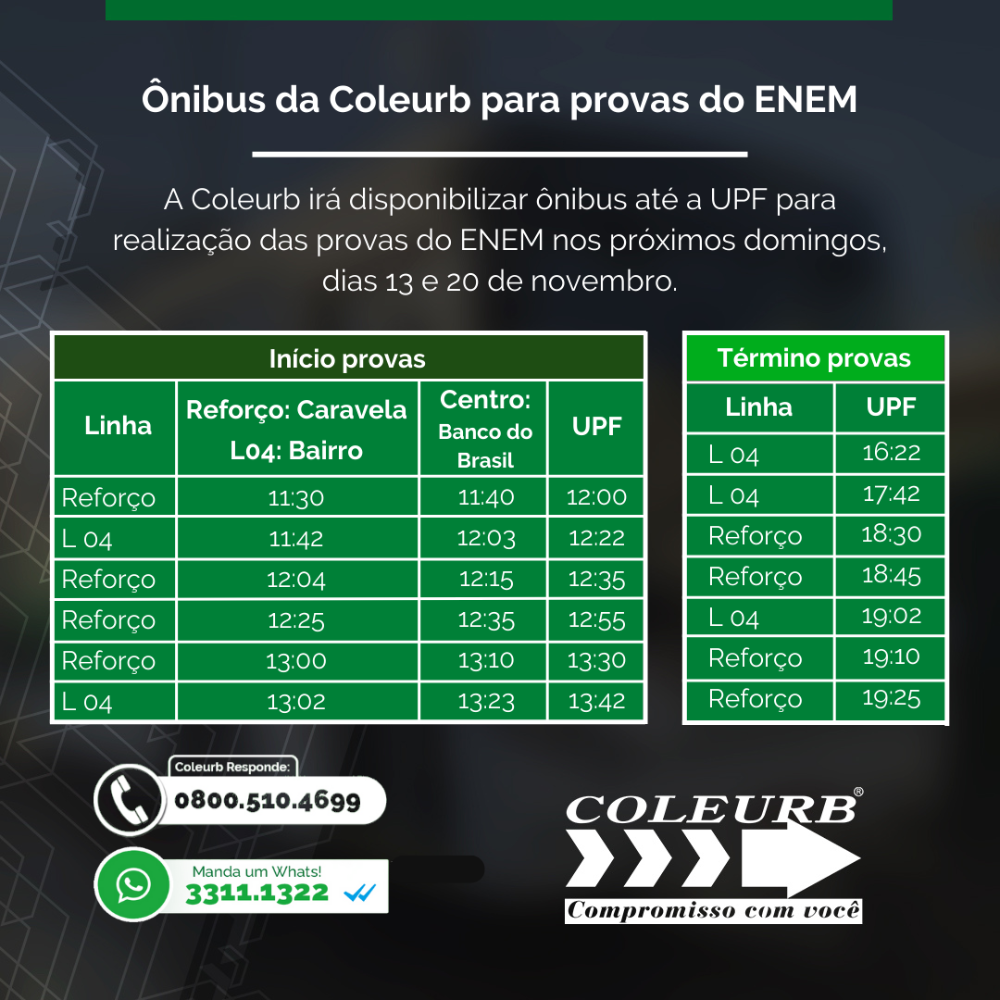 Coleurb disponibiliza ônibus para as provas do Enem 2022