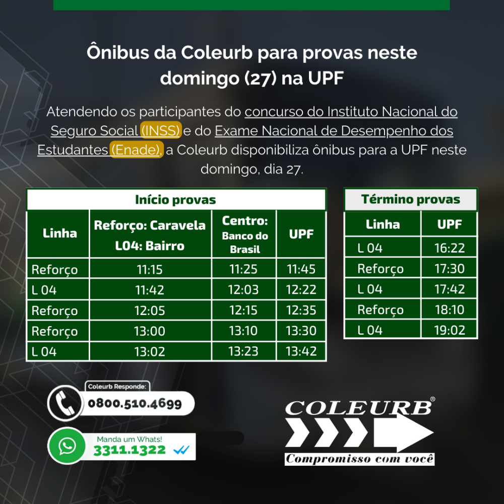 Coleurb disponibiliza ônibus para a UPF atendendo participantes das provas neste domingo (27)