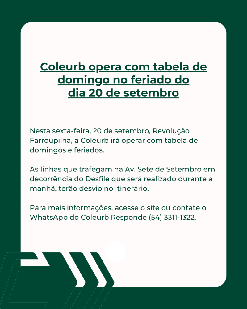 Coleurb opera com tabela de domingo no dia 20 de setembro 