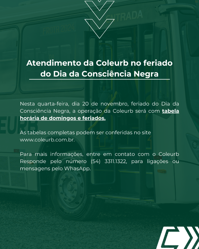 Coleurb opera com horários de feriado na quarta-feira, dia 20 