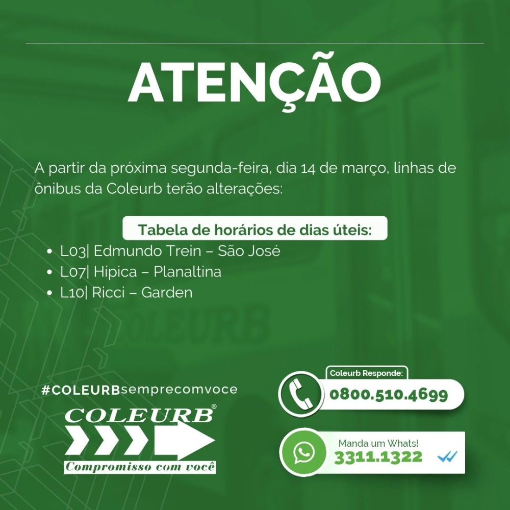 Coleurb terá alteração em linha de ônibus a partir do dia 14 de março